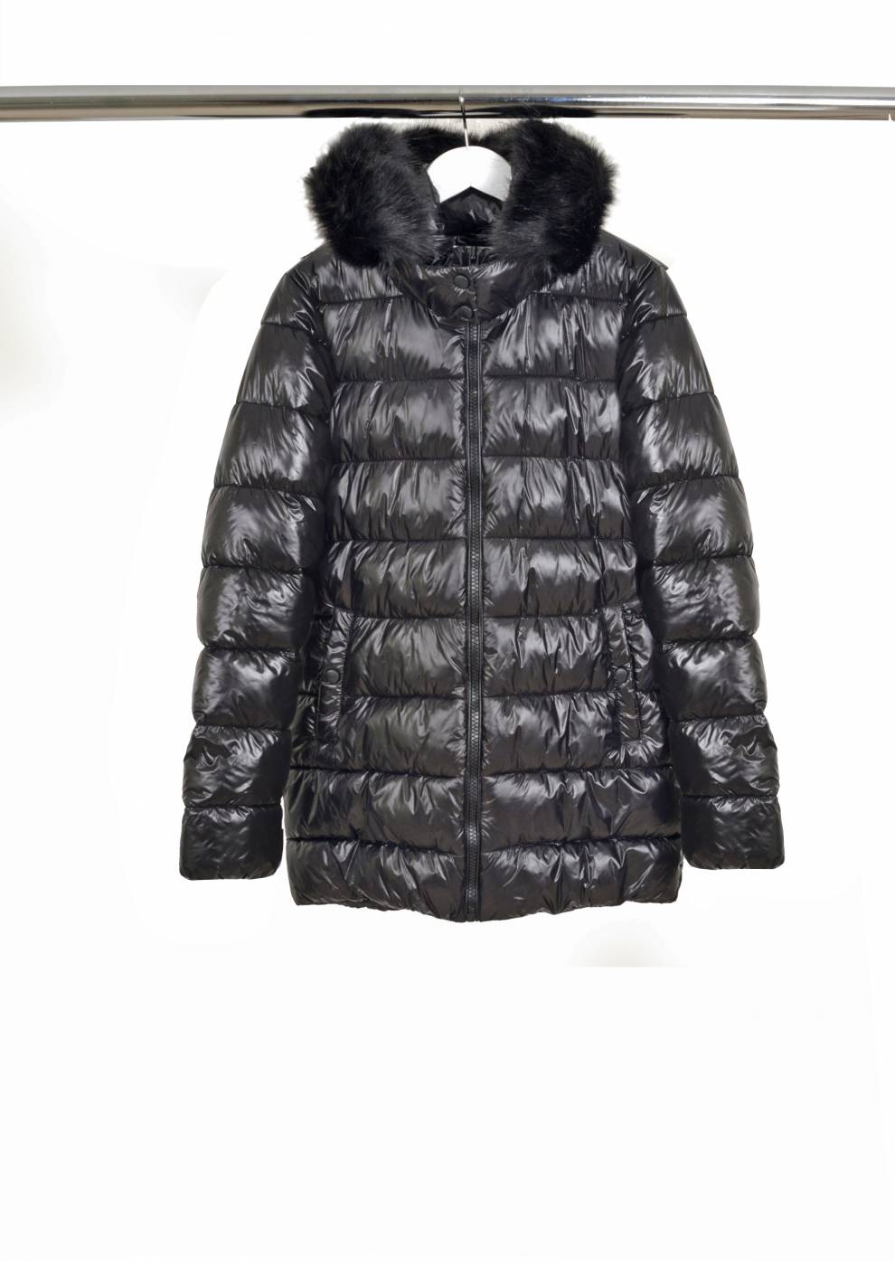 black wet look puffer coat with fur hood
